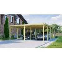 Weka Flachdach-Doppelcarport 618 Gr. 3 mit Trapezblech - Stabil und Modern - Carport aus druckimprägniertem Holz mit robusten 12x12 cm Pfosten für optimale Stabilität, ideal für zwei Fahrzeuge und schützendes Dach aus verzinktem Stahl.