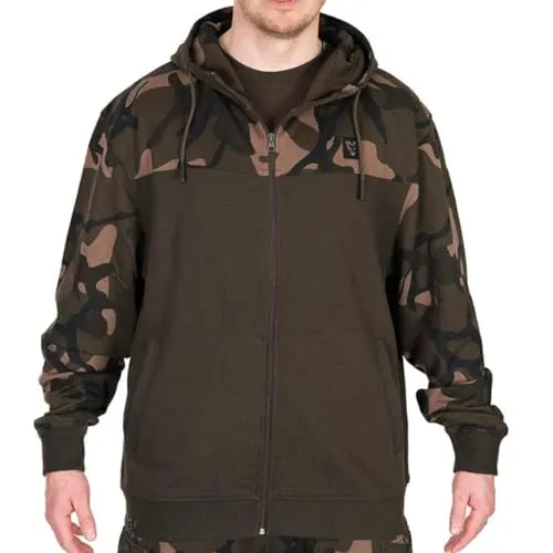Fox LW Khaki/Camo Split Zip Hoody - Angelpullover XXL - Sweatshirts & Kapuzenpullover, durchgängiger Reißverschluss für hohen Tragekomfort, ideal für Angler und Outdoor-Aktivitäten.