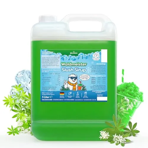 Belissia Slush Eis Sirup 5 Liter Konzentrat | Waldmeister Geschmack | sehr ergiebig in knalligen Farben (1:5) für bis zu 30 Liter | Glycerin frei – für Slush-Eis - Maschinen & Wassereis