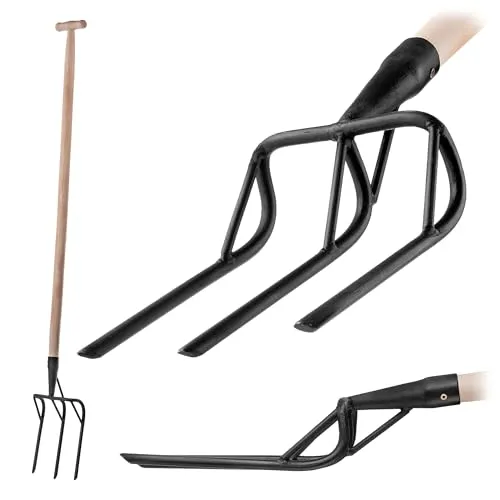 KADAX Spatengabel mit verstärktem Stahlkopf, 3 Zinken und ergonomischem T-Griff, Gartengabel zum Auflockern und Umgraben von harten Böden (Mit Stiel)