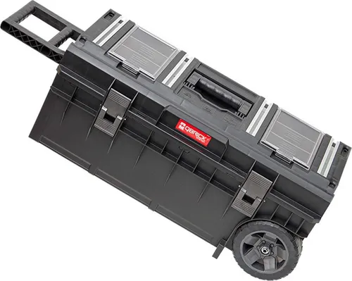 QBRICK SYSTEM LONGER TECHNIK, SKRWQLTCZA, Schwarz - Mobiler Werkzeugkasten für lange Elektrowerkzeuge, ideal für Profis. Mit Aluminium-Montageschienen und einem Fassungsvermögen von 50 l, auch als Arbeitstisch nutzbar.
