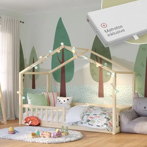 Bellabino Bia Kinderbett 80x160 cm – Hausbett mit Matratze, Rausfallschutz & Lattenrost – Montessori Bodenbett aus Massivholz Kiefer – Kinder Bett in Natur für Jungen und Mädchen