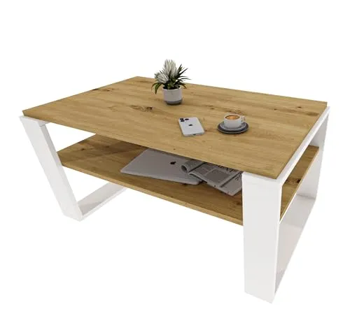 möbelkap Couchtisch 91×51 cm – Wohnzimmertisch aus Holzwerkstoff, Stabiler & moderner Kaffeetisch mit zusätzlicher Ablagefläche – Beistelltisch, Eiche Artisan/Weiß, rechteckig