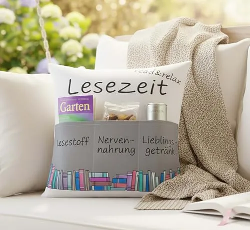 Dekokissen LESEZEIT Kissen mit 3 Taschen zum selber Befüllen tolles Geschenk