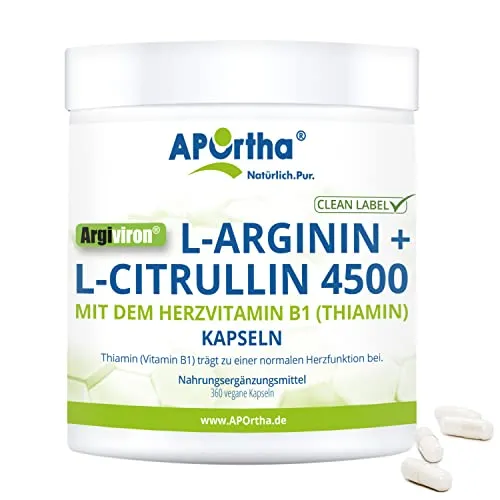 APOrtha® Argiviron® L-Arginin + L-Citrullin 4500 hochdosiert - Aminosäure L-Arginin: Hochdosierte vegane Kapseln mit 4500 mg L-Arginin und L-Citrullin, unterstützt die Herzfunktion mit Vitamin B1, allergenfrei und einfach zu dosieren.