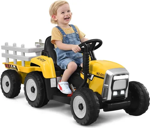GOPLUS Elektrofahrzeuge mit Anhänger, 3-Gang Elektroauto Traktor mit Fernbedienung, LED-Licht & Musik & Bluetooth, für Kinder ab 3 Jahren, bis 30 kg (Gelb)
