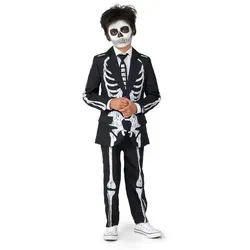 Suitmeister Jungenkostüm - Halloween Skelett Anzug für Kinder - Kostüme für Kinder: Stilvolles Skelett-Outfit mit tailliertem Schnitt, ideal für Halloween-Partys und Süßes oder Saures. Inklusive Blazer, Hose und Krawatte, maschinenwaschbar und bequem.