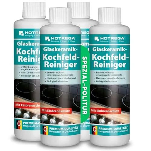 HOTREGA Glaskeramik Kochfeld Reiniger 250ml Set - 4er Pack - Reinigungsmittel für Glaskeramik-Kochfelder, entfernt mühelos eingebrannte Speisereste und schützt vor Kratzern. Bildet eine schmutzabweisende Schutzschicht für langanhaltenden Glanz.