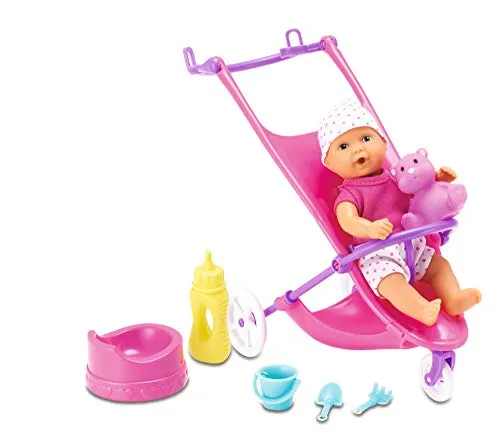 Simba 105030928 - New Born Buggy Set, Vollvinylpuppe mit Trink- und Nässfunktion, mit Buggy, Spielsachen und weiterem Zubehör, 10 Teile, 12cm, ab 3 Jahren