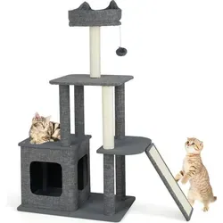 COSTWAY Kratzbaum 114 cm hoch mit Katzenhöhle und Hängematte - Grau/Beige - Stylischer Katzenbaum mit gepolsterter Aussichtsplattform und interaktivem Design. Ideal für das Spiel und die Erholung Ihrer Katze, fördert sie den natürlichen Kratzinstinkt und passt perfekt in kleine Räume.