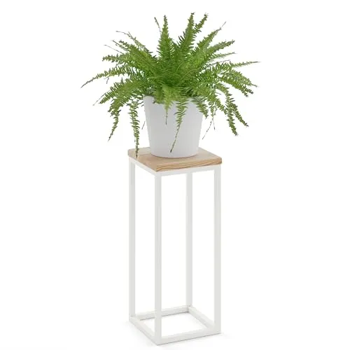 LAMO Manufaktur Blumenständer Weiss Metall | Pflanzenständer Holz mit Natur Farbe | Blumenhocker groß 50 cm für Zimmerpflanzen | 100% Echtholz | Sockel für Skulpturen