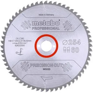 Metabo Sägeblatt PrecisionCutProf 254x30, 60 WZ 5°neg - Hochpräzises Kreissägeblatt - Kreissägeblätter für saubere Schnitte, ideal für Holz- und Plattenmaterialien, sorgt für maximale Schnittgenauigkeit.