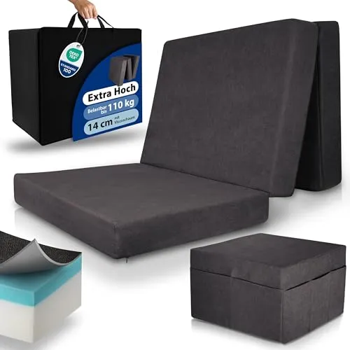Beautissu Premium XL Klappmatratze 100x200cm Gästebett faltbar inkl. Husse – extra dick 14cm Visco-Matratze optimaler Härtegrad H3 hoher Schlafkomfort – waschbar Gästematratze klappbar – Anthrazit