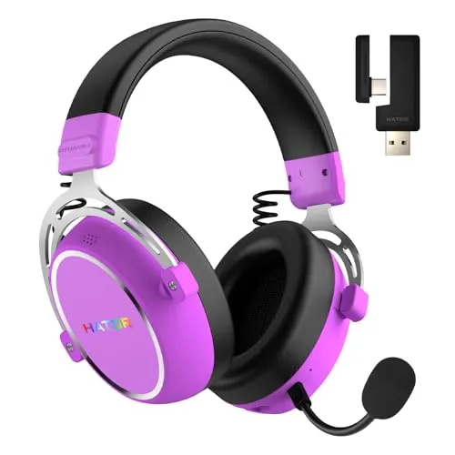 HATOR Hypergang 3 Wireless Gaming-Headset – Hi-Res Audio, Hybrid ANC, 45h Akku, Spatial Audio, Bluetooth & 2.4GHz, abnehmbares Mikrofon, RGB, Head Tracking, SyncHUB App – Violett