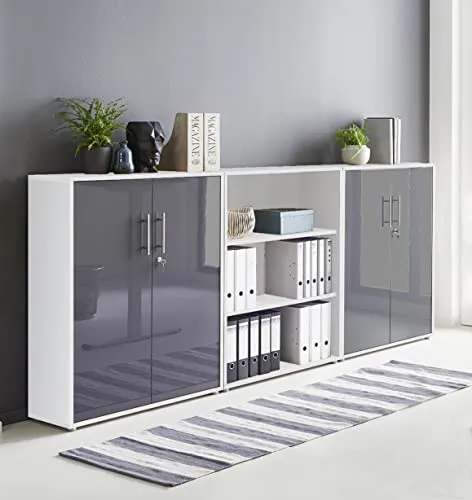 Schrankwand TABOR 9 Büroregal Aktenschrank Büroschrank abschließbar in diversen Farbvarianten (weiß/anthrazit Hochglanz, 4-türig)