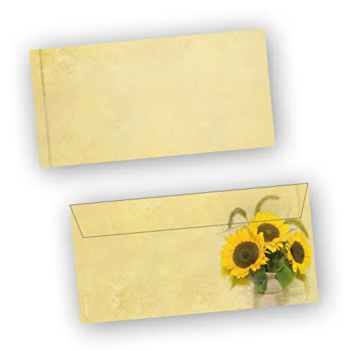 Briefhüllen Sonnenblumen (500 Stück) beidseitig bedruckte DIN lang Umschläge gelb