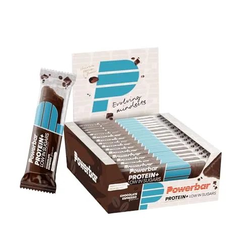 Powerbar Protein Plus Low Sugar Riegel - Chocolate Espresso - 16x35g - Proteinriegel mit nur 1,6g Zucker, ideal als gesunde Belohnung nach dem Sport oder für zwischendurch. Mit 11g hochwertigem Protein pro Riegel unterstützt er Muskelaufbau und -erhalt.