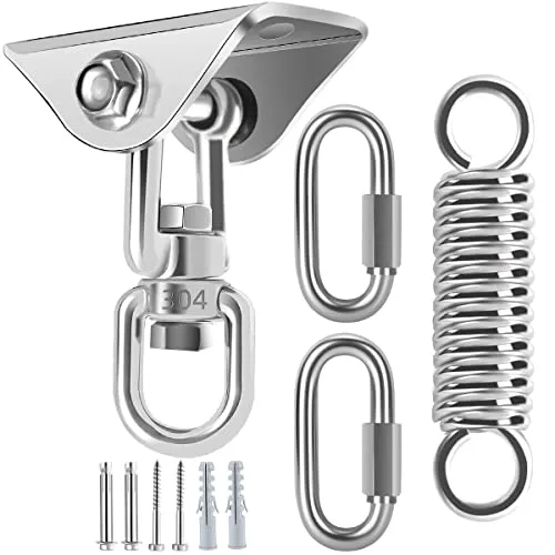 Deckenhaken Hängesessel Schwingfeder 450KG 360°Drehen Schwerlast Deckenhalterung Edelstahl Boxsack Halterung Schaukelhaken Aufhängung Haken mit 3 Karabinerhaken für Hängesessel Boxsack Yogatuch