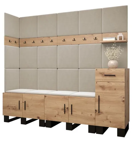 ABIKS MÖBEL Garderoben-Set ARTIN 9 mit gepolsterten Paneelen im Industriellen Design - Moderner Kleiderschrank mit gepolsterten Paneelen für individuellen Stil. Viel Stauraum durch zahlreiche Regale und Kleiderbügel, ideal für jeden Flur. Robuste Bauweise mit eleganten Farben für ein ansprechendes Ambiente.