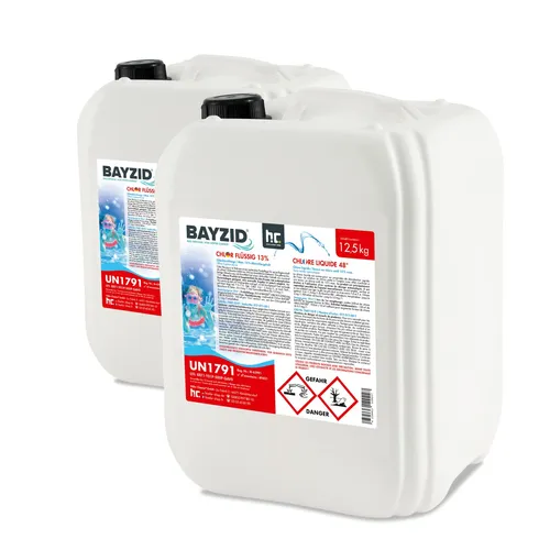 BAYZID Poolpflege 12,5 kg Chlor 13% flüssig - Effektive Poolpflege mit 13% Flüssigchlor im 12,5 kg Kanister, ideal für private und öffentliche Schwimmbäder. Schnelle Lieferung und gebrauchsfertig für optimale Wasserqualität.