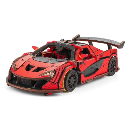 EWA Eco-Wood-Art Racing CAR (rot) - Detailreiches Holzmodell eines Rennwagens mit mechanischer Aufziehbewegung. Aus nachhaltigem Sperrholz gefertigt, bietet es ein fesselndes DIY-Erlebnis und ist das perfekte Geschenk für Auto-Enthusiasten.