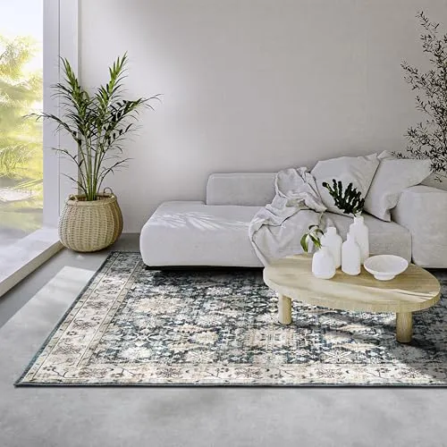 Elle Decoration Saveh Teppich – Klassischer Rutschfester Vintage Design Kurzflor Teppich für Schlafzimmer, Esszimmer, Wohnzimmer, Flur, Küche – Blau Creme, 120x160cm