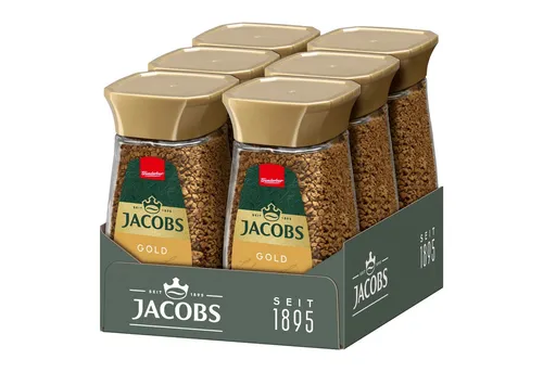 JACOBS Löskaffee Gold 6 x 100 g Gläser - Instantkaffee in praktischen Gläsern, ideal für schnellen Genuss und perfekten Kaffee jederzeit. Perfekt für Zuhause oder im Büro.