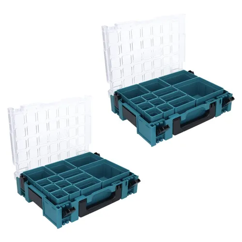 Makita 2x MAKPAC 1 Organizer mit 13 Boxeinsätzen - Kleinteilemagazine & Stapelboxen, praktischer Organizer mit Griff und Verriegelungssystem für eine optimale Aufbewahrung von Werkzeugen und Kleinteilen.