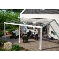 Skan Holz Terrassenüberdachung Monza 541 x 307 cm - Hochwertige Terrassenüberdachung aus pulverbeschichtetem Aluminium in Weiß, mit 10 mm starkem Sicherheitsglas für optimalen Splitterschutz und hohen Schallschutz. Modernes Design mit integrierter Regenrinne und einfachem Ablauf.