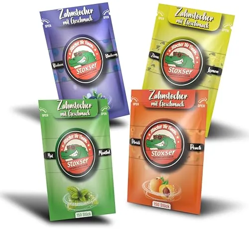Stoxser Mundpflegecenter 600x Zahnstocher mit Geschmack - 4er Pack - Mundpflegecenter mit 600 aromatisierten Zahnstocher, ideal für frischen Atem und saubere Zähne. Erlebe aufregende Geschmäcker wie Pfirsich und Mint – perfekt für den täglichen Gebrauch!