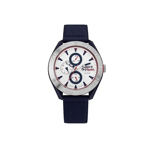 Superdry Herren Analog Quarz Uhr SYG244U mit Silikon Armband - Armbanduhren für Herren mit 43mm Gehäuse aus Kunststoff, stylischem blauen Silikonarmband und 5 bar Wasserdichtigkeit – ideal für sportliche Aktivitäten.