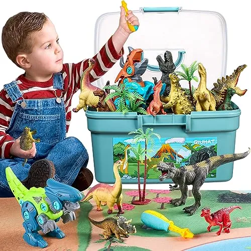 GlUHAT Dinosaurier Spielzeug ab 3 Jahre, Dinosaurier Figuren und Montage Dino Spielzeug, Kinderspielzeug, Weihnachten Geschenk Junge Mädchen, Aufbewahrungskiste & Spielteppich
