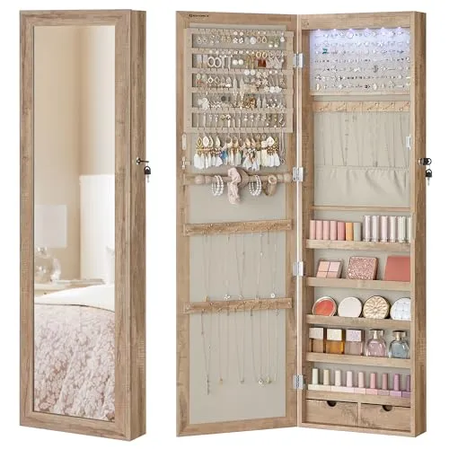 SONGMICS Schmuckschrank 120 cm hoch, Schmuck Organizer mit beleuchtetem Innenspiegel, Spiegelschrank wand- oder türmontiert, abschließbar, 2 Schubladen, eichenbraun JJC093N01