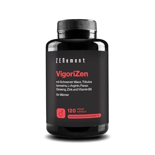VigoriZen mit Schwarzem Maca, Tribulus terrestris, L-Arginin, Ginseng, Zink und Vitamin B6 – Testosteron & Energiestoffwechsel für Männer – 120 Vegane Kapseln – Zenement