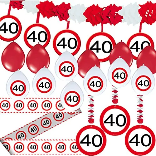 Carpeta 23-teiliges Party Set für den 40. Geburtstag: Guirlande, Rotor, Absperrband, Ballons in Rot für Erwachsene