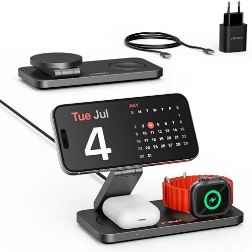 Voomy 3-in-1 Induktive Ladestation - Kabelloses Qi-Ladegerät für iPhone, AirPods & Apple Watch – Lade bis zu 15W schnell und sicher, faltbar für unterwegs und ausgestattet mit USB-C Kabel & Adapter.