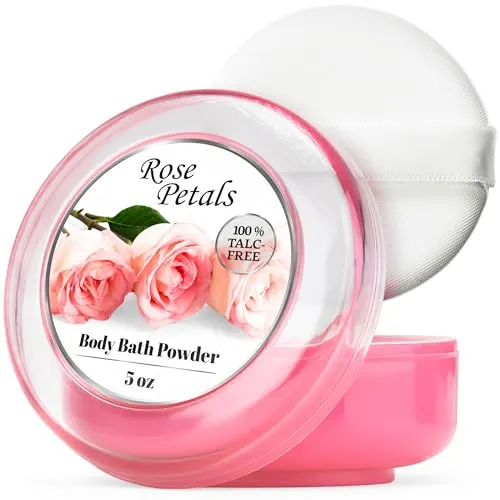 R-NEU Körperpuder für Damen mit Puderquaste, Eleganter Duft von Rosenblüten,%100 Talkfrei, Extra Groß, Feuchtigkeitsspendend, Babypuder für Erwachsene, 1 Stück, 142 gr (Rosa)