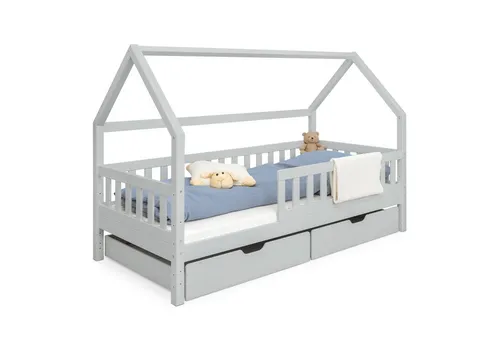 Ehrenkind Hausbett Lille aus massivem Kiefernholz inkl. Rausfallschutz und Rollrost (90x200 Hellgrau, Hausbett mit optionalem Stauraum), 2 in 1 Aufbau bodentief oder Standardhöhe