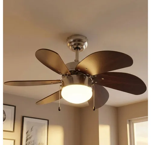 Deckenventilator mit Zugschalter und LED-Beleuchtung, Holz braun, Titan - Ventilatoren mit geräuscharmer Luftzirkulation und 3 Geschwindigkeitsstufen. Ideal für große Räume, mit einstellbarem Rücklauf zur Heizkostensenkung. Inklusive 7W LED Leuchtmittel für warmweißes Licht.