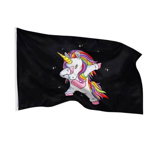 PHENO FLAGS Flagge Einhorn Flagge, 90x150cm - Lustiges und tanzendes Einhorn-Motiv (Robuste Fahne für Kinderzimmer, Garten & Fahnenmast), Hochwertig & Wetterfest