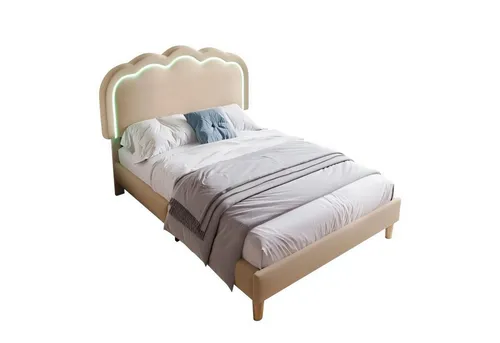 Odikalo Kinderbett Polsterbett Jugendbett 140/90 mit LED Kopfteil in Rosa/Beige - Einzigartiges Polsterbett mit LED-Kopfteil für ein gemütliches Ambiente. Verstellbare Höhe und robustes Design bieten Stabilität und Komfort. Ideal für stilvolle Schlafzimmer und entspannende Nächte.