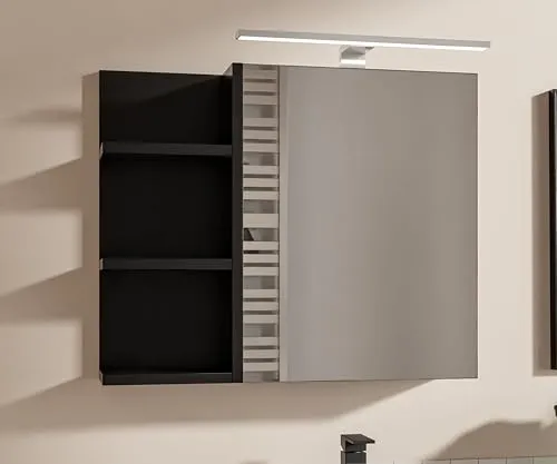 HAJDUK FURNITURE Schwarz Badezimmerschrank mit LED Beleuchtung, B:60 x H:50 cm Spiegelschrank Bad 1 Tür Hängeschrank Badezimmer Griffloser Öffnung Ablagen Links