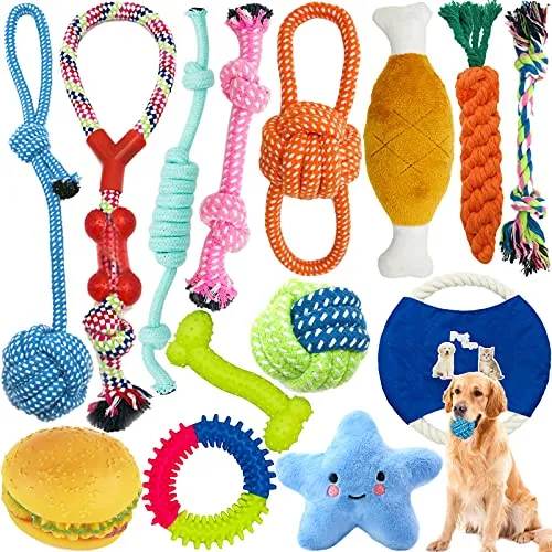 Amzeeniu Hundespielzeug,14 Pcs Seil Ball Hunde robuste Zähne Kauen langlebig Spielzeug Zahntraining Set Für Kleine große mittelgroßen Hund Interaktives Spielset Unzerstoerbar BaumwollknotenTau Tier