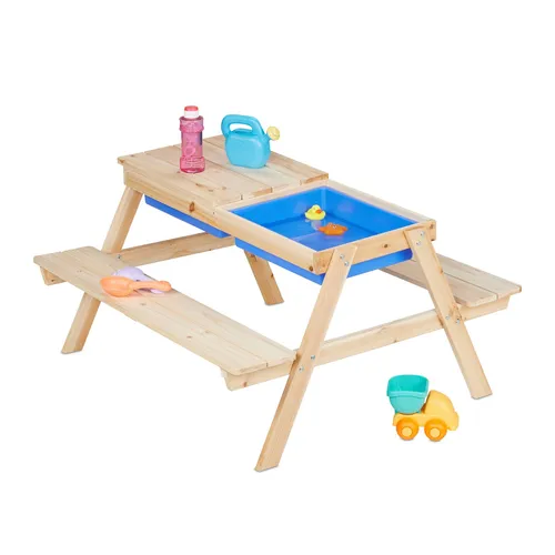Relaxdays Kindersitzgruppe Holz 2in1 Spieltisch & Matschküche - Kinderzimmertisch & -stuhlsets: Robuste 2in1 Sitzgruppe aus Tannenholz für drinnen und draußen, perfekt für Picknicks und kreative Spielstunden mit Wasser und Sand.