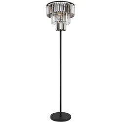 Elegante Stehlampe mit Glaskristallen - 3-flammig, schwarz matt - Stehleuchte aus schwarzem Metall mit rauchfarbenen und klaren Glaskristallen, ideal für stilvolle Wohnzimmer. Fußtrittschalter und beeindruckende Höhe von 160 cm.