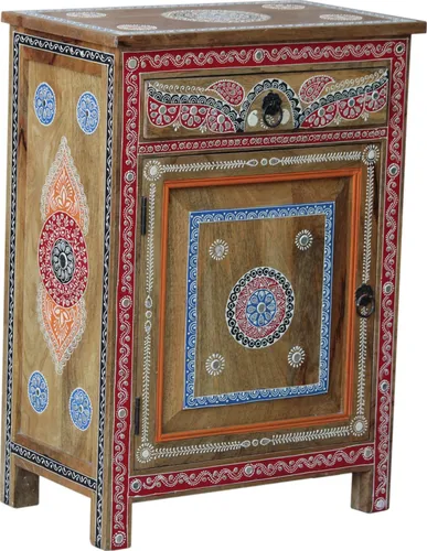 Bemalter Beistellschrank A1 - Ethno-Stil mit Schublade - Kompakter Nachttisch aus Mangoholz, fair gehandelt in Indien. Mit praktischen Schubladen und im Ethno-Stil, bringt er Farbe und Funktionalität in Ihr Zuhause.