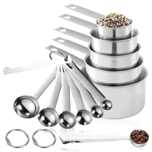 Byzesty 13 Stück Edelstahl Messbecher Und Messlöffel Set, Edelstahl Messbecher Und Löffel, Scoop Mit Clip, 5 Measuring Cups Und 7 Spoons, Messbecher & Löffel Mit Messlineal, Zum Kochen & Backen