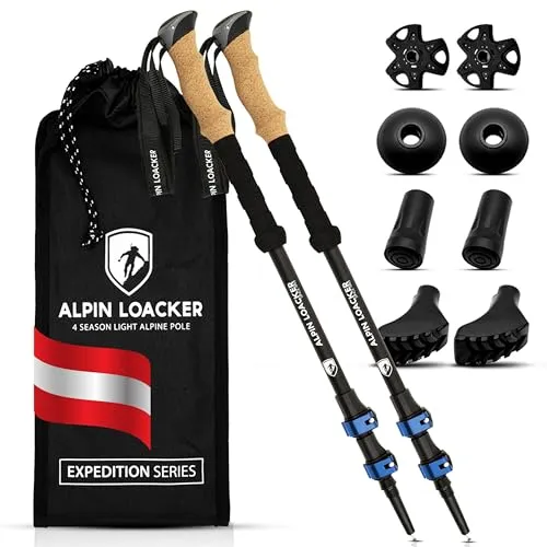 ALPIN LOACKER Teleskop Wanderstöcke Aluminium mit Korkgriff - Wanderstöcke aus Aluminium, ultraleicht und bruchsicher mit nur 292g. Verstellbar von 105 bis 135cm, ideal für Skifahren und Wandern, inklusive Zubehör und praktischer Tragetasche.
