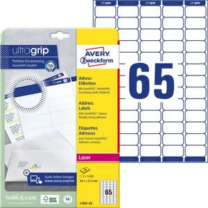 Adress-Etiketten ultragrip 38,1x21,2 mm - 1.625 Etiketten auf 25 Bogen, ideal für Inkjet- und Laserdrucker, abgerundete Ecken und umlaufender Rand