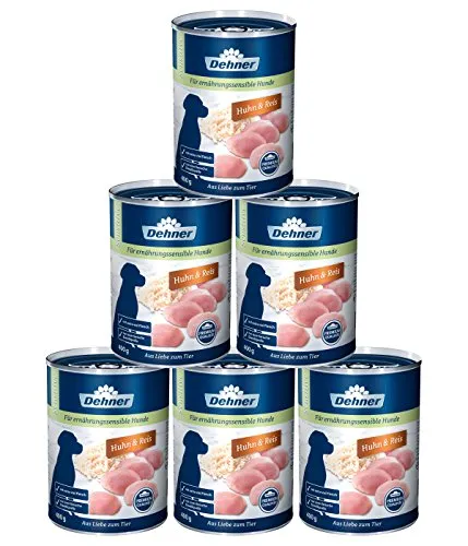 Dehner Premium Hundefutter Sensitive, Nassfutter zuckerfrei / getreidefrei, für ausgewachsene ernährugssensible Hunde, Huhn / Reis, 6 x 400 g Dose (2.4 kg)